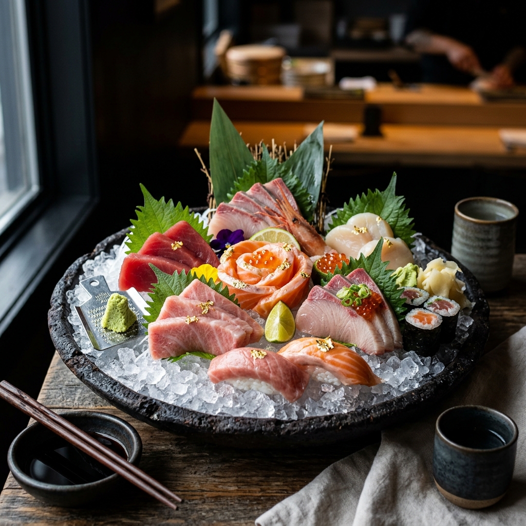 Chef preparing fresh sashimi platter